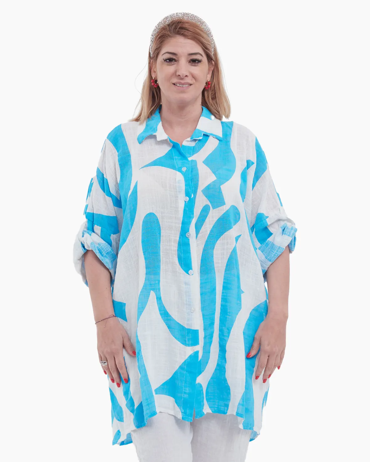 Bluze din Bumbac - Bluză vaporoasă din in alb cu imprimeu abstract albastru – croi lejer