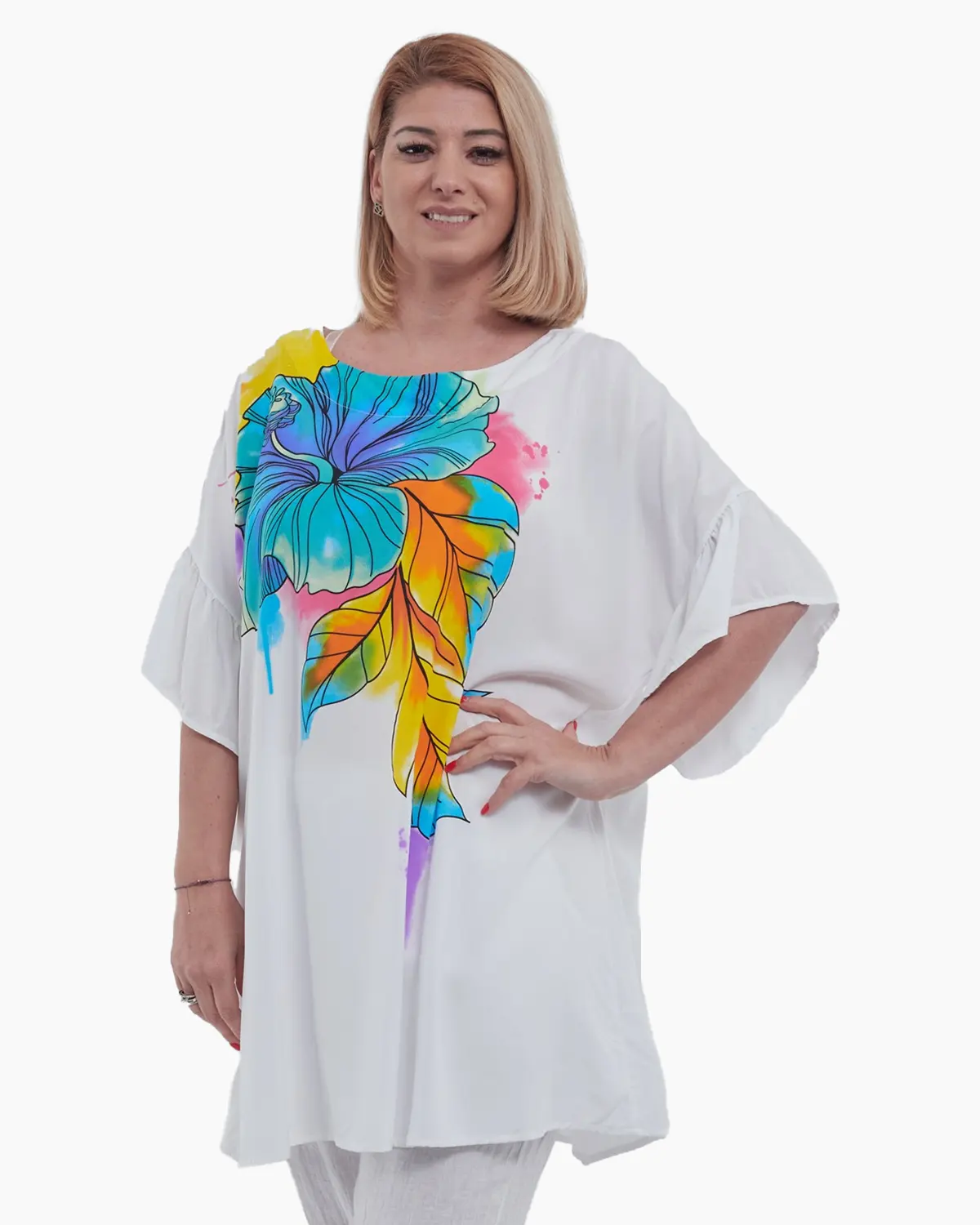 Bluza vaporoasa din 100% viscoza cu umeri cazuti maneci scurte cu volane si imprimeu abstract talie unica alb [3]