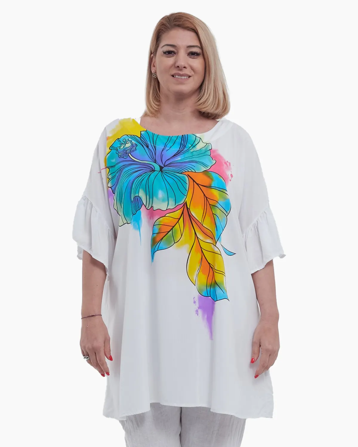 Mărimi mari - Bluza vaporoasa din 100% viscoza cu umeri cazuti maneci scurte cu volane si imprimeu abstract talie unica alb