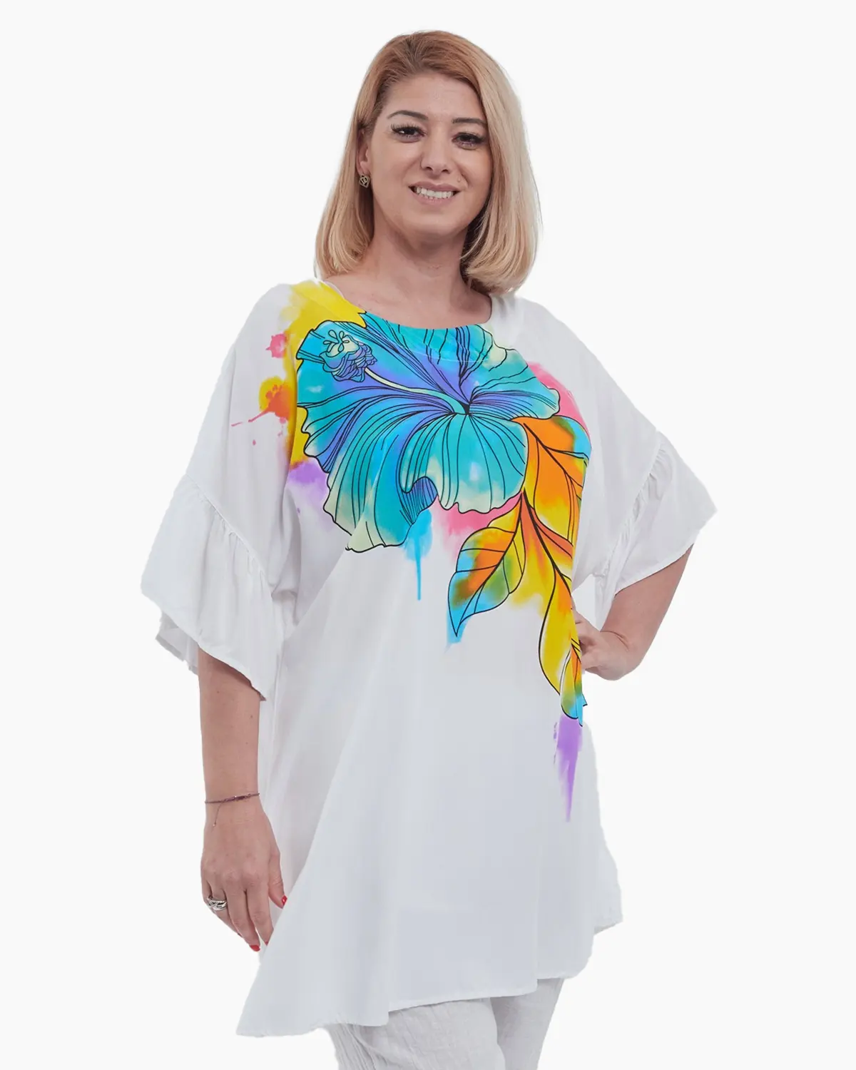 Bluza vaporoasa din 100% viscoza cu umeri cazuti maneci scurte cu volane si imprimeu abstract talie unica alb [2]