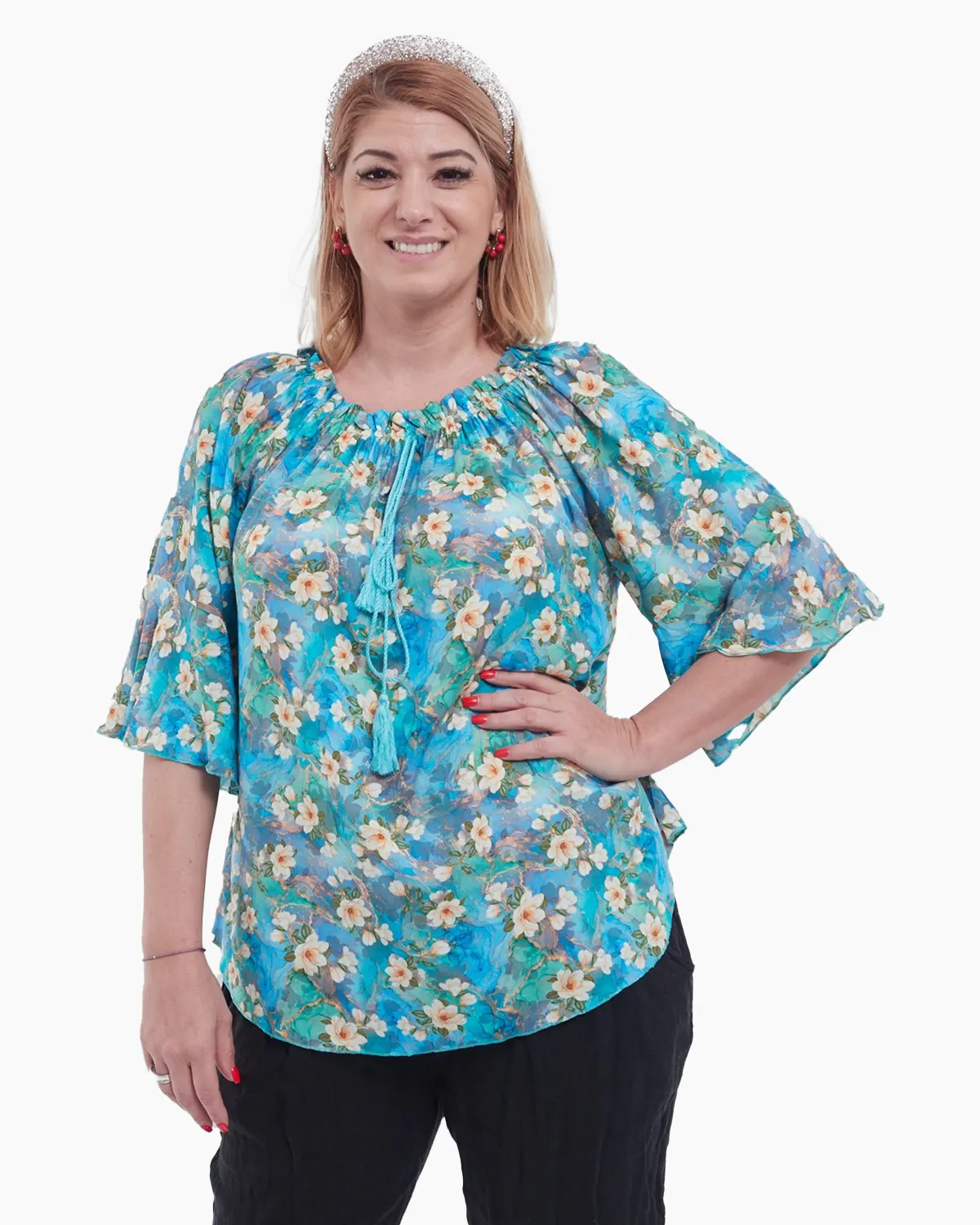 Bluze din Bumbac - Bluză vaporoasă tip ie din bumbac cu imprimeu floral bleu