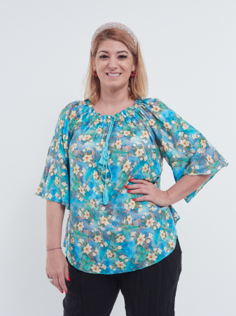 Bluze din Bumbac - Bluză vaporoasă tip ie din bumbac cu imprimeu floral bleu