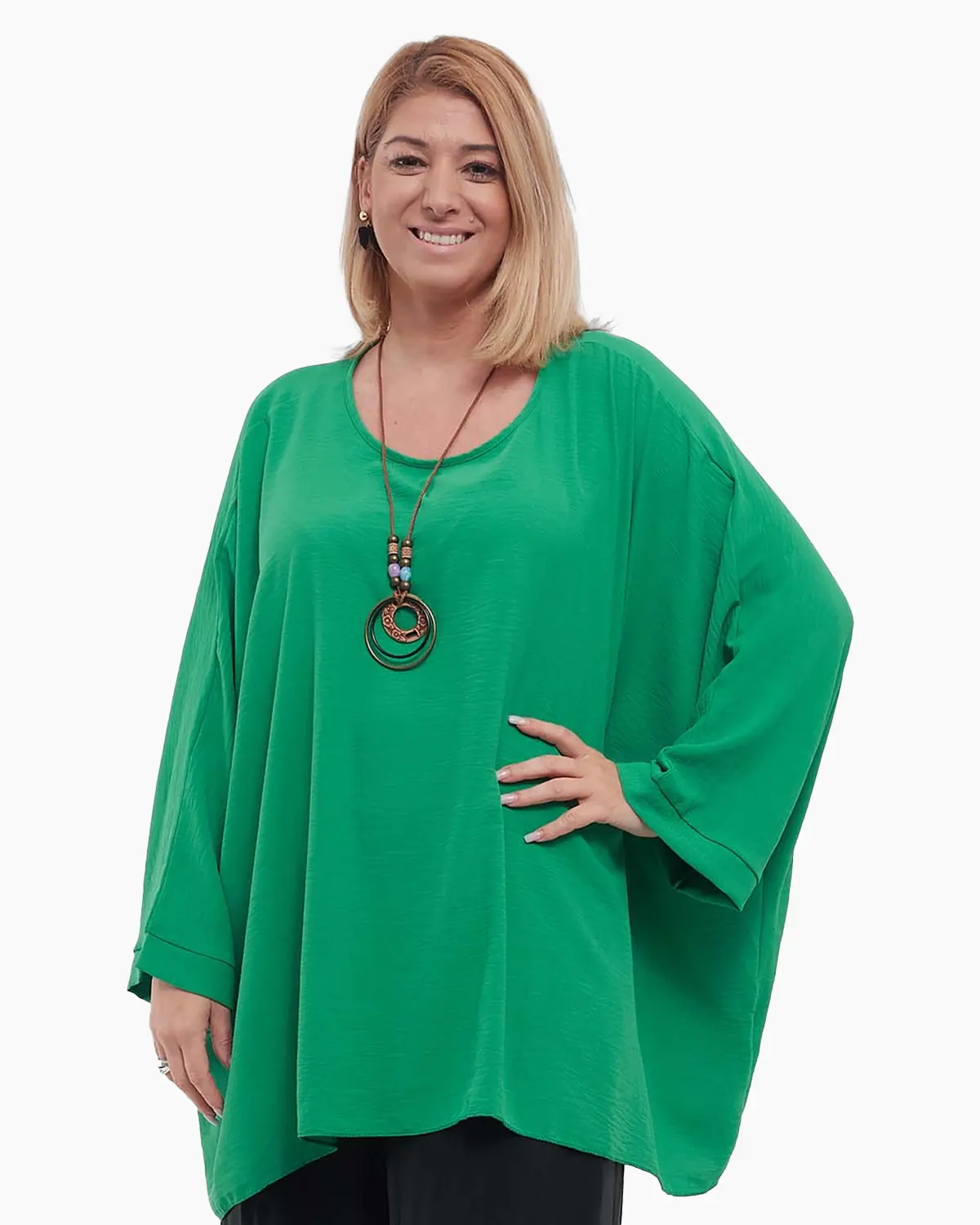 Mărimi mari - Bluză verde casual lejeră din vâscoză, mâneci dolman, colier inclus