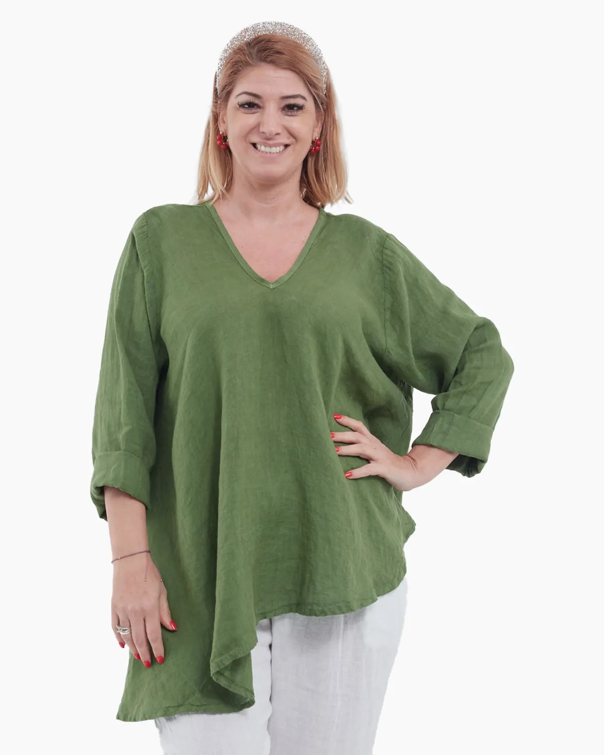 Bluze din In - Bluză verde din in cu achior, decolteu în V și design lejer pentru vară