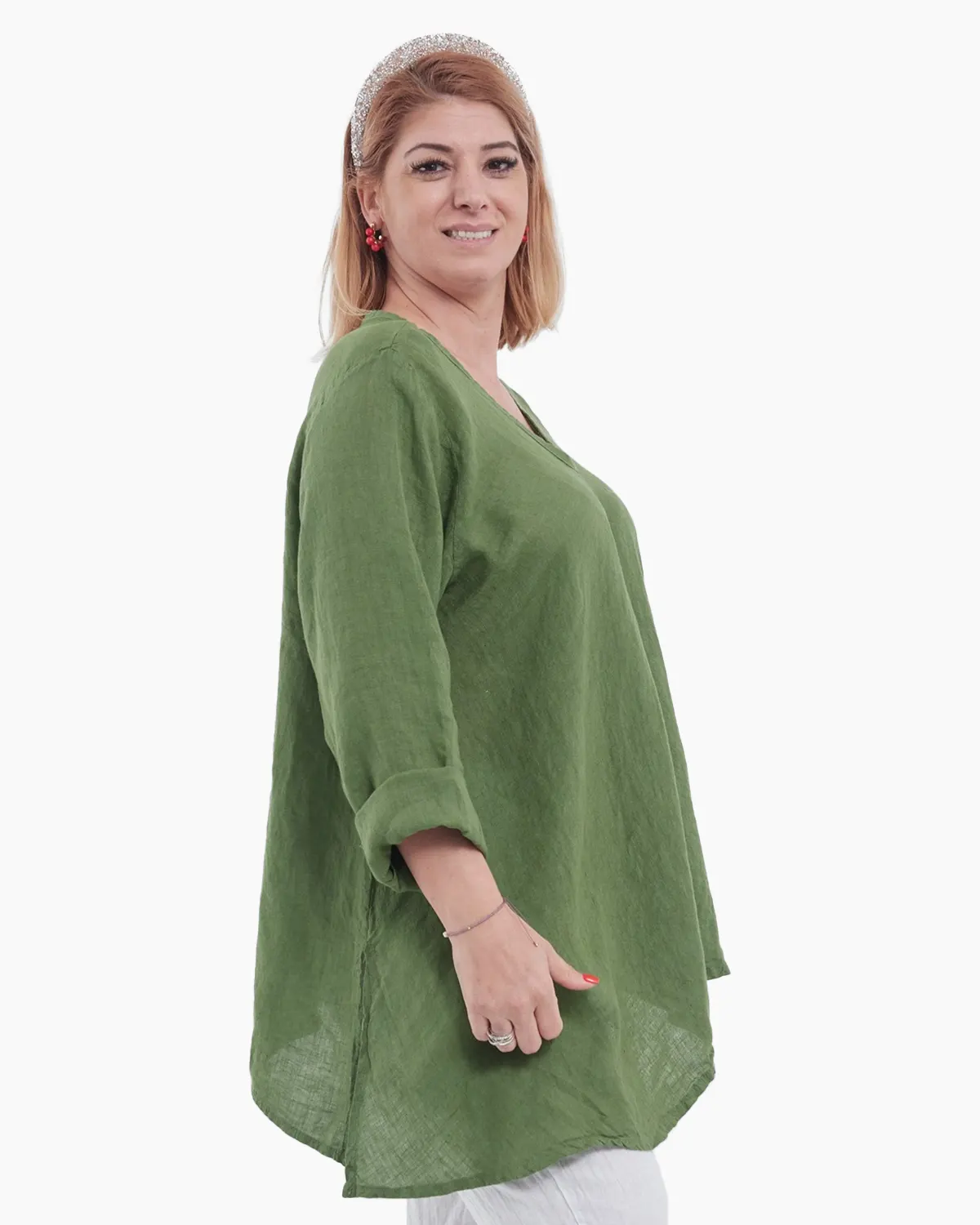 Bluză verde din in cu achior, decolteu în V și design lejer pentru vară [2]