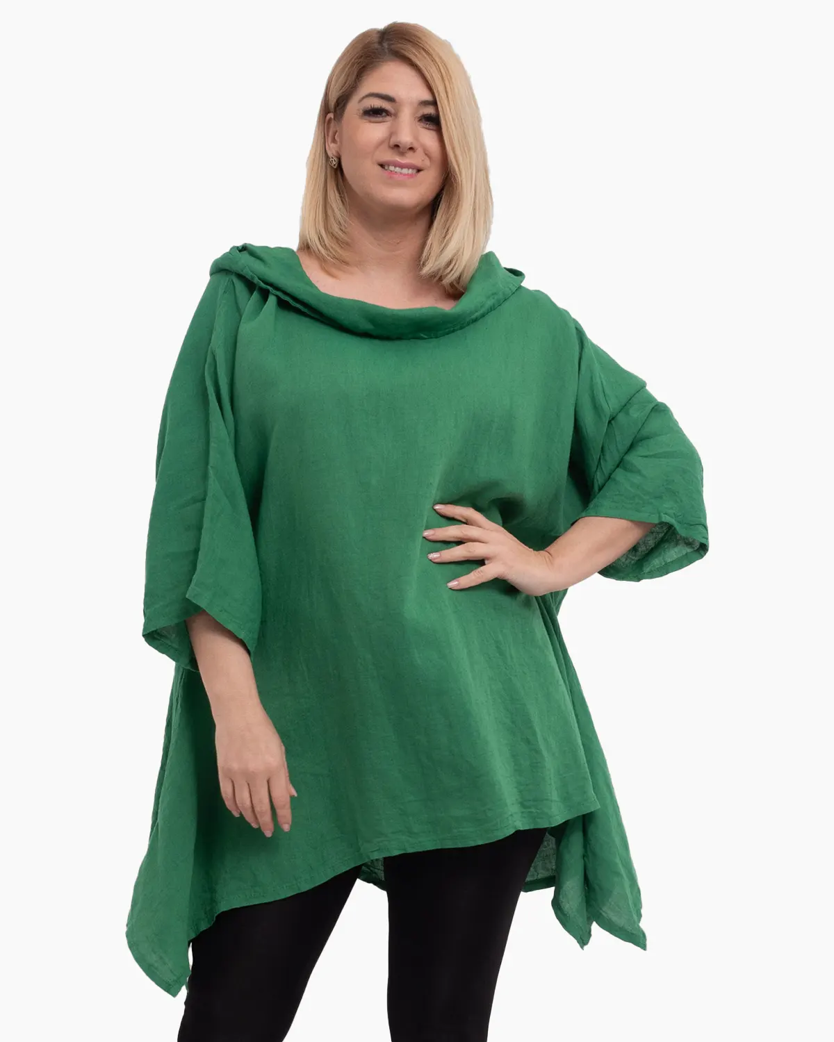 Bluze din In - Bluza verde din in cu gluga si croi lejer pentru eleganta casual