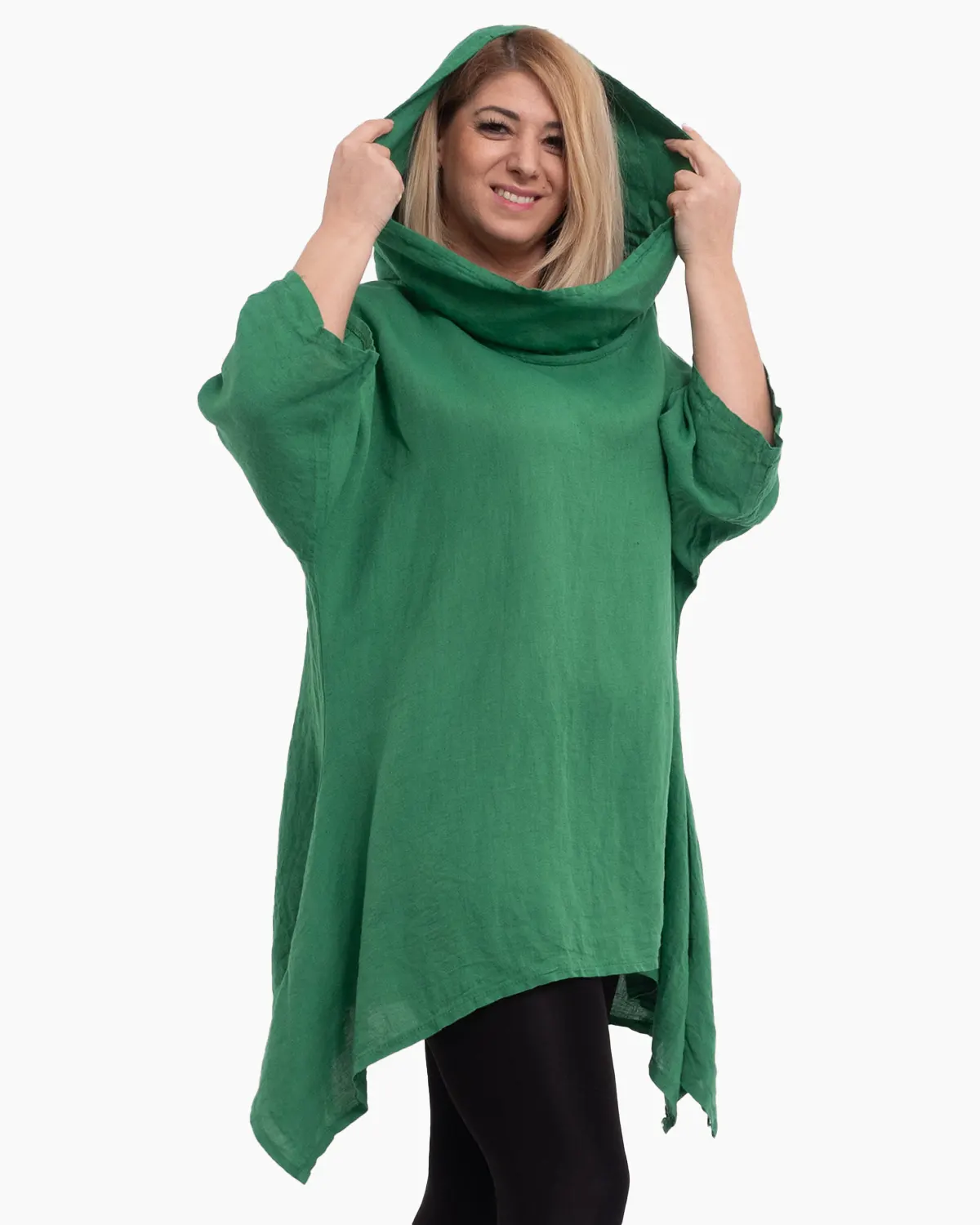 Bluza verde din in cu gluga si croi lejer pentru eleganta casual [1]
