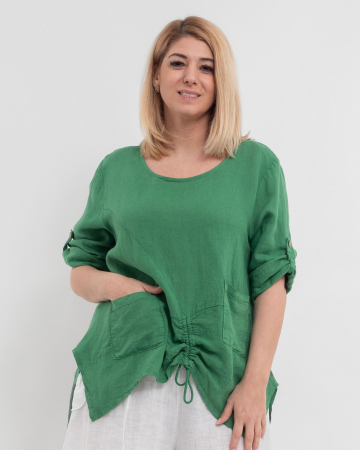 Bluze din In - Bluza verde din in cu maneci trei sferturi si buzunare