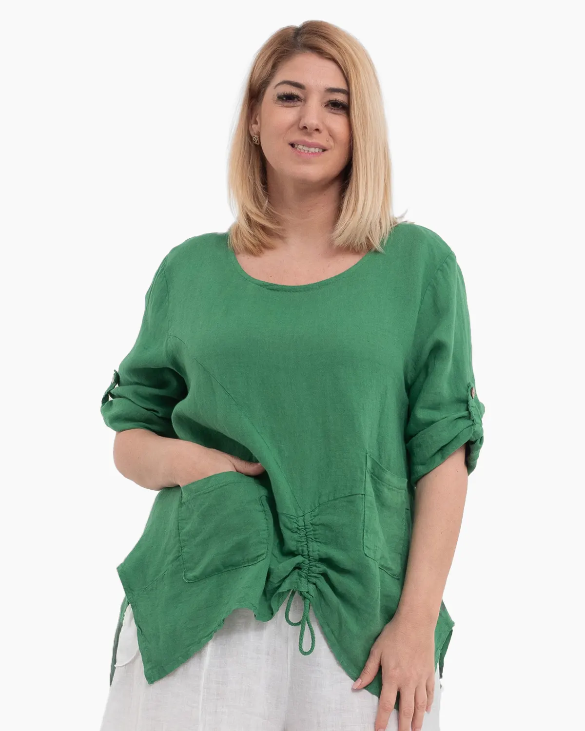 Bluze din In - Bluza verde din in cu maneci trei sferturi si buzunare