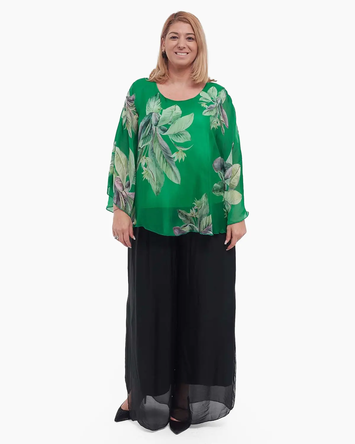 Bluză verde elegantă stil kimono cu imprimeu floral [2]