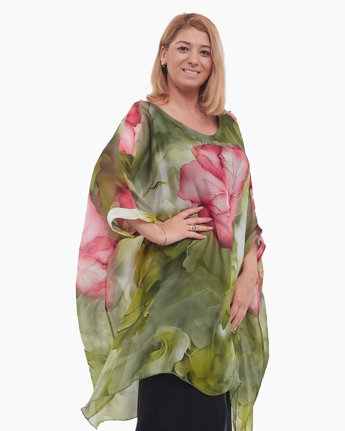 Bluză verde romantică tip tunică cu imprimeu floral și mâneci dolman [2]