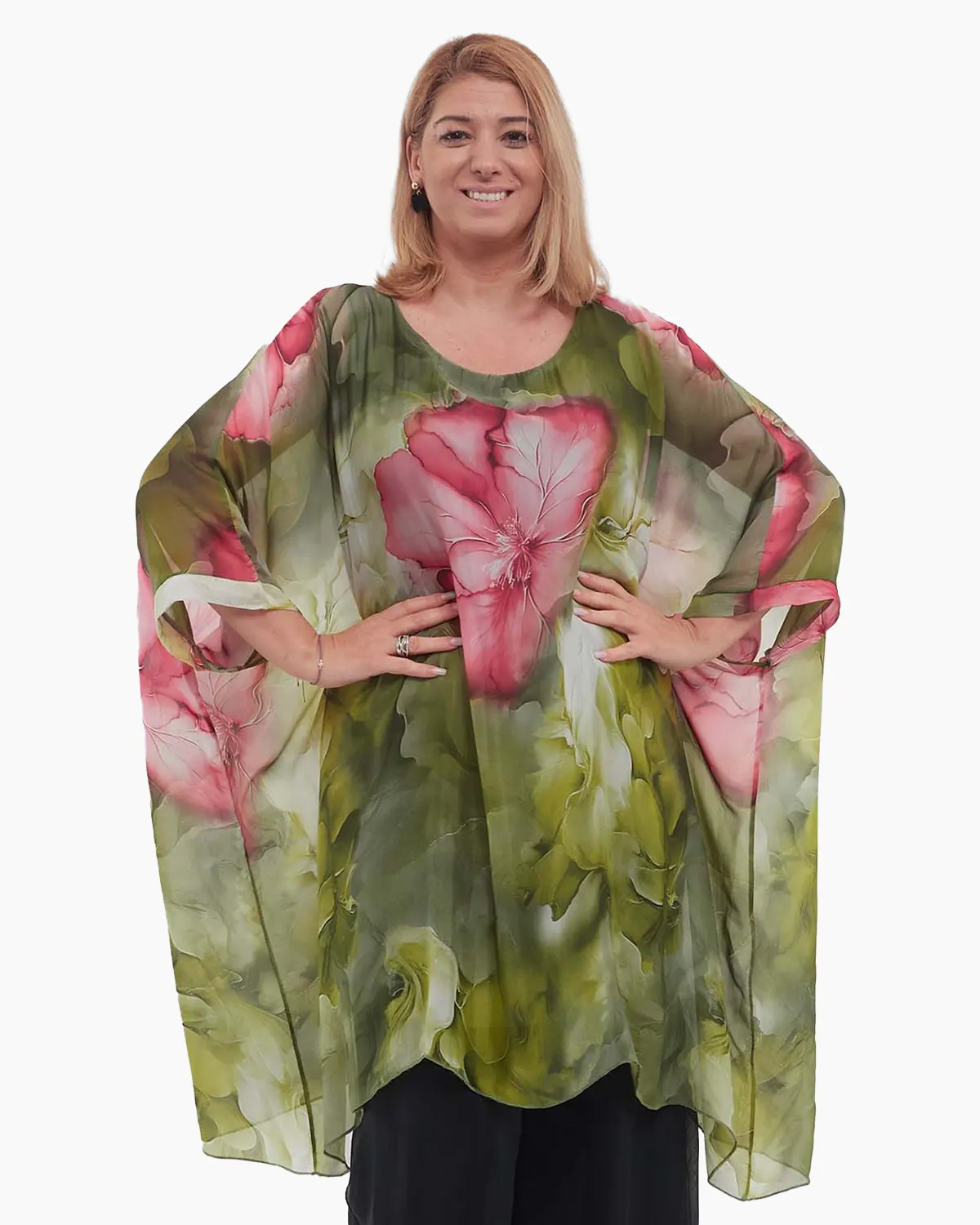 Bluze din Vâscoză - Bluză verde romantică tip tunică cu imprimeu floral și mâneci dolman