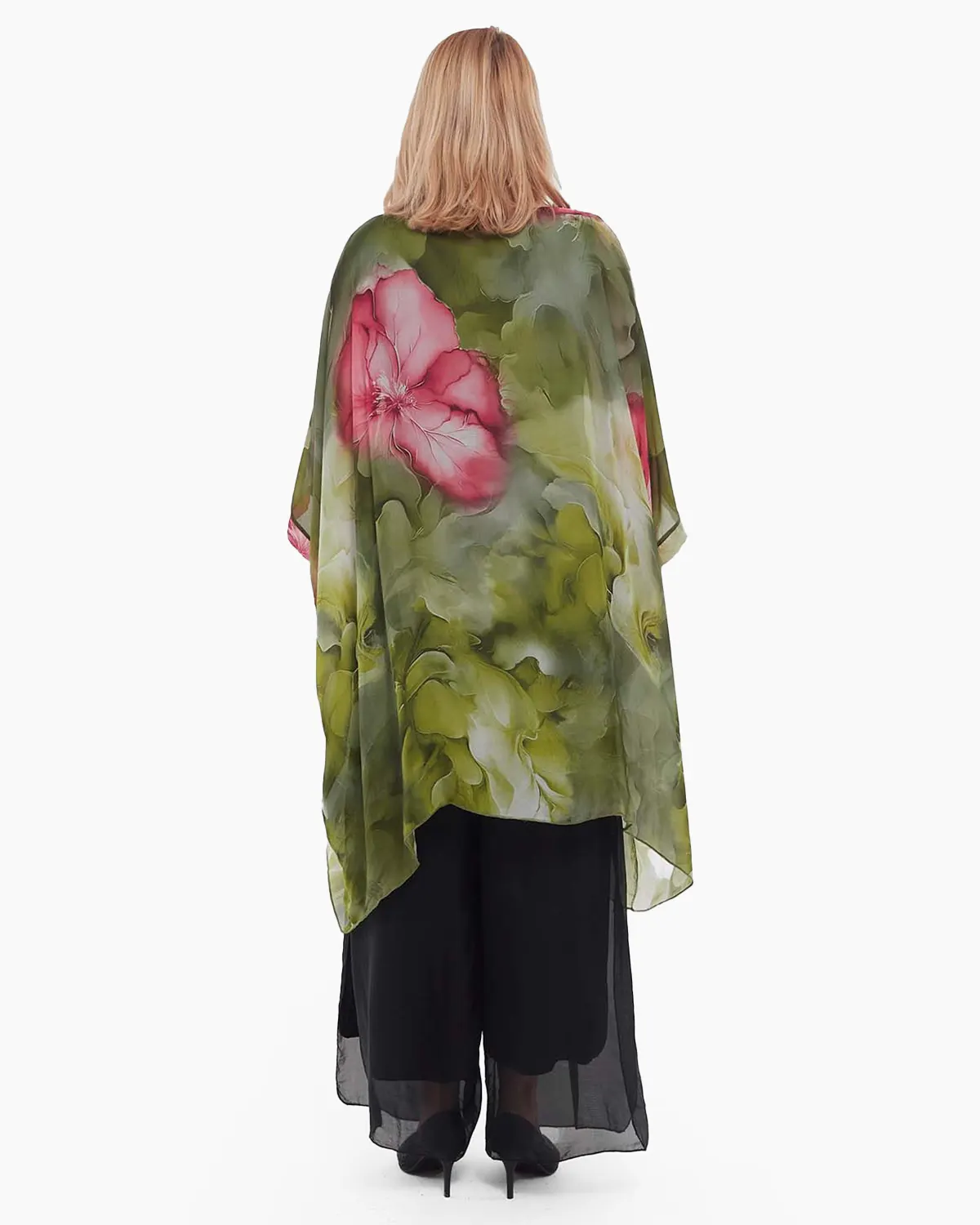 Bluză verde romantică tip tunică cu imprimeu floral și mâneci dolman [1]