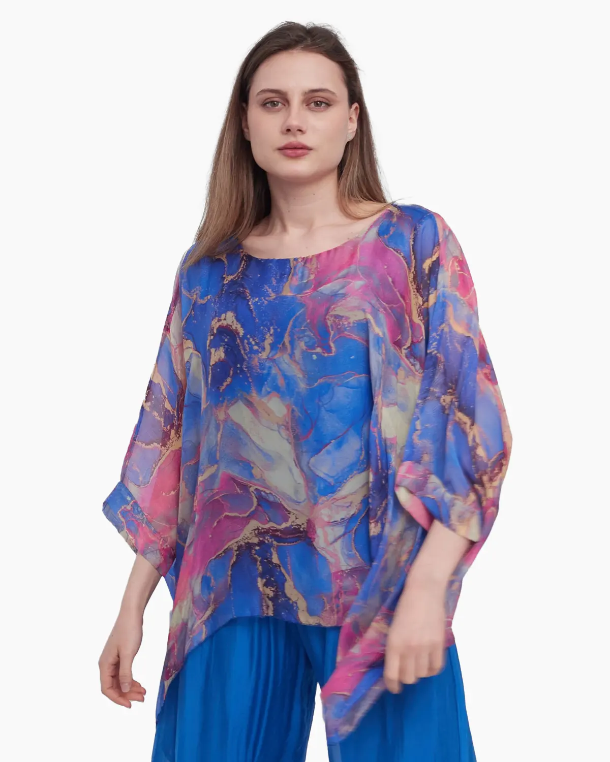 Bluza versatila din matase cu imprimeu discret albastru si visiniu [1]