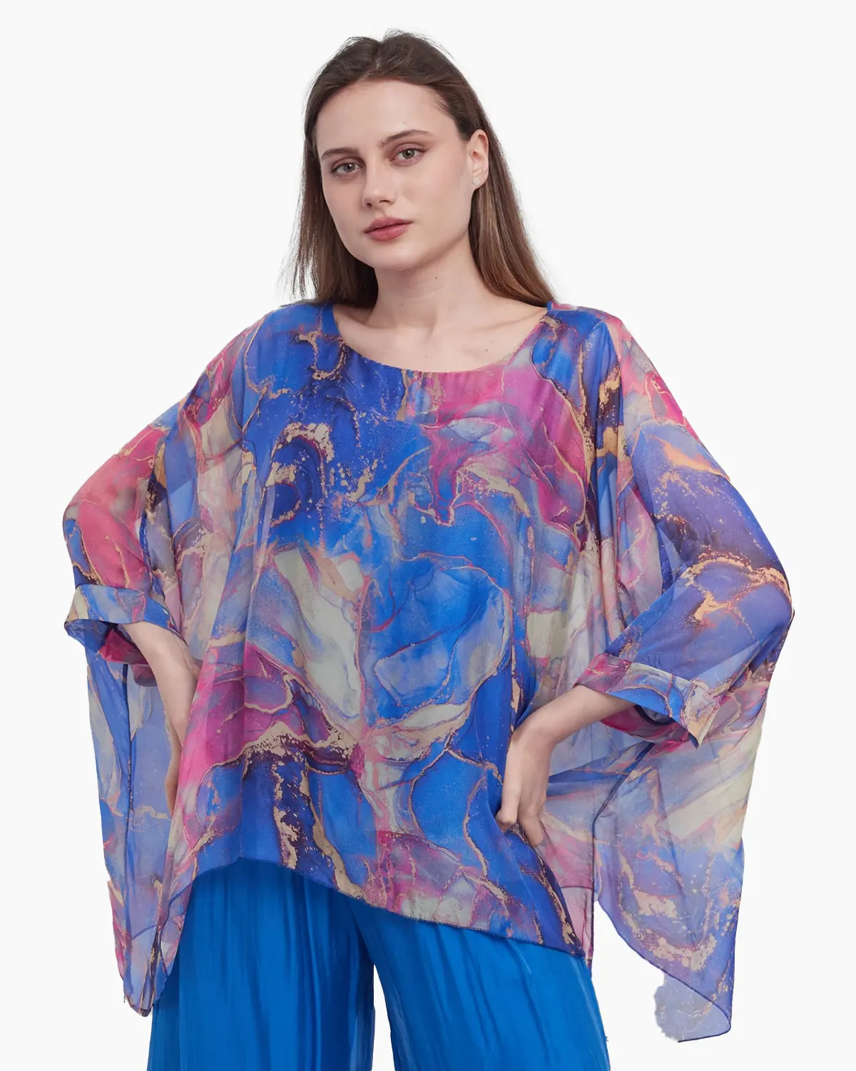 Haine damă - Bluza versatila din matase cu imprimeu discret albastru si visiniu
