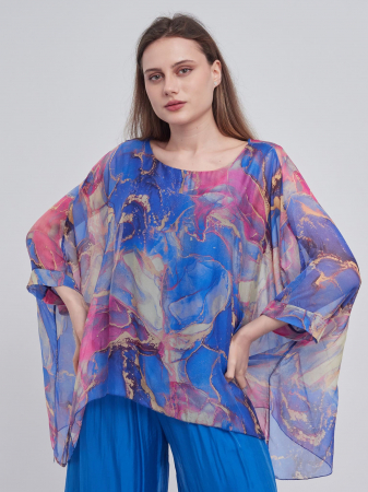Bluze din Mătase - Bluza versatila din matase cu imprimeu discret albastru si visiniu