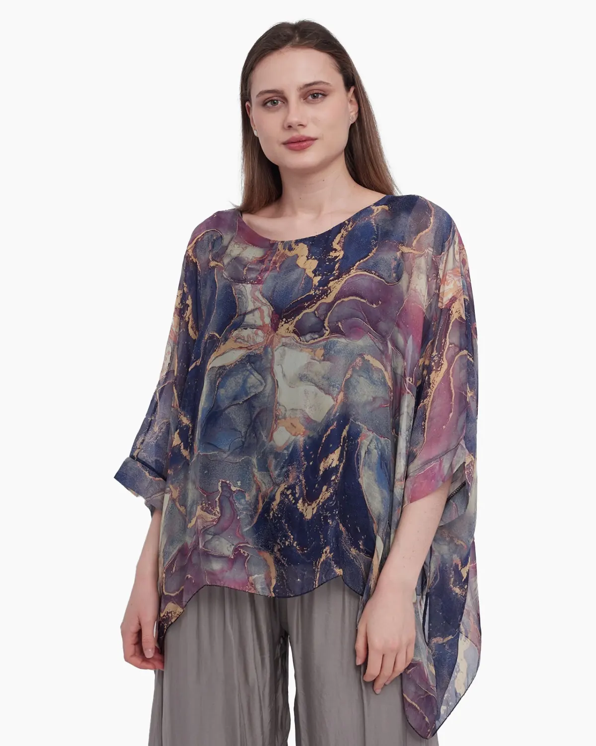 Haine damă - Bluza versatila din matase cu imprimeu discret bleumarin