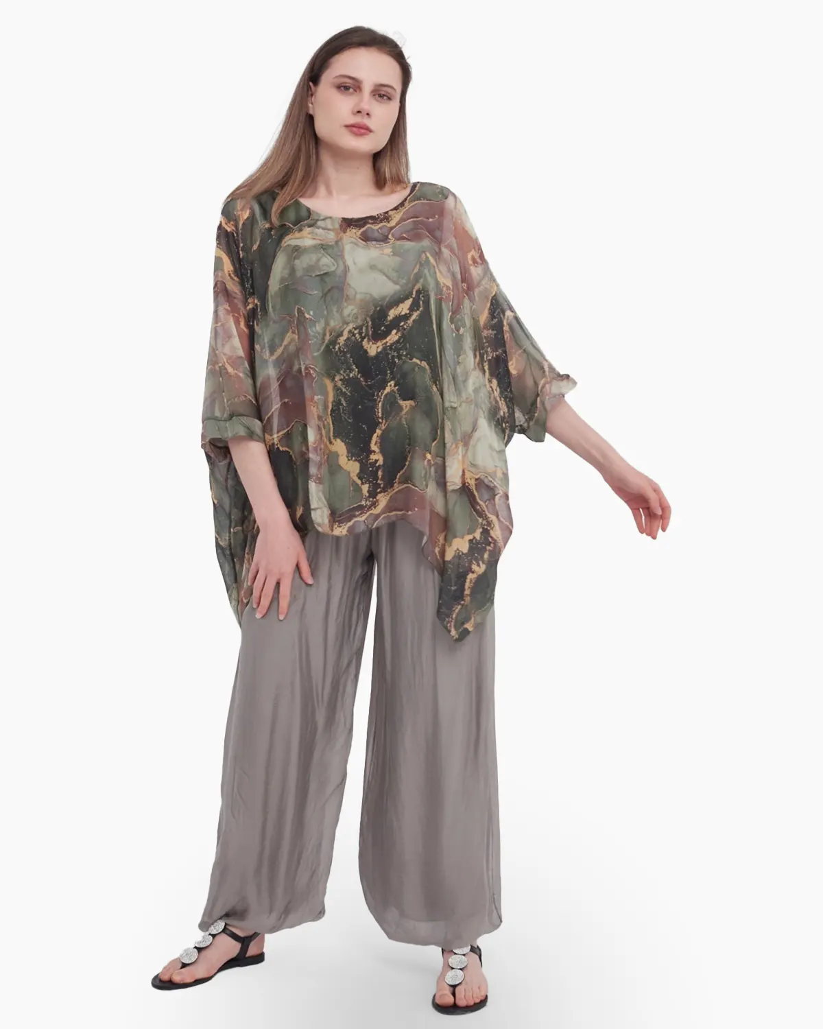 Bluza versatila din matase cu imprimeu discret kaki [1]