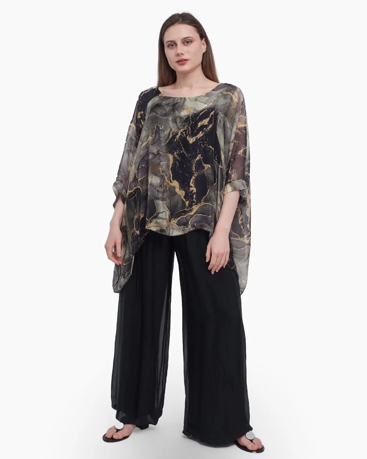 Bluza versatila din matase cu imprimeu discret, negru [1]