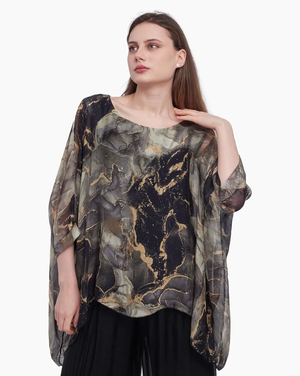 Haine damă - Bluza versatila din matase cu imprimeu discret, negru