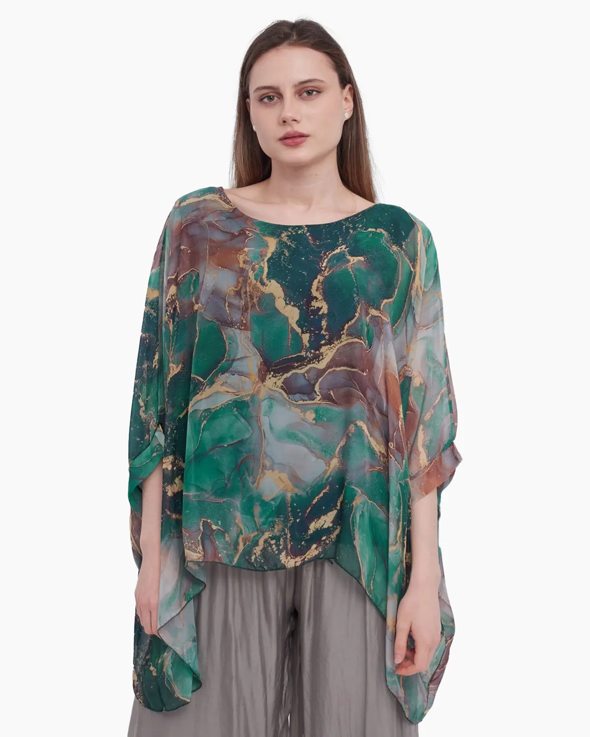 Haine damă - Bluza versatila din matase cu imprimeu discret verde inchis