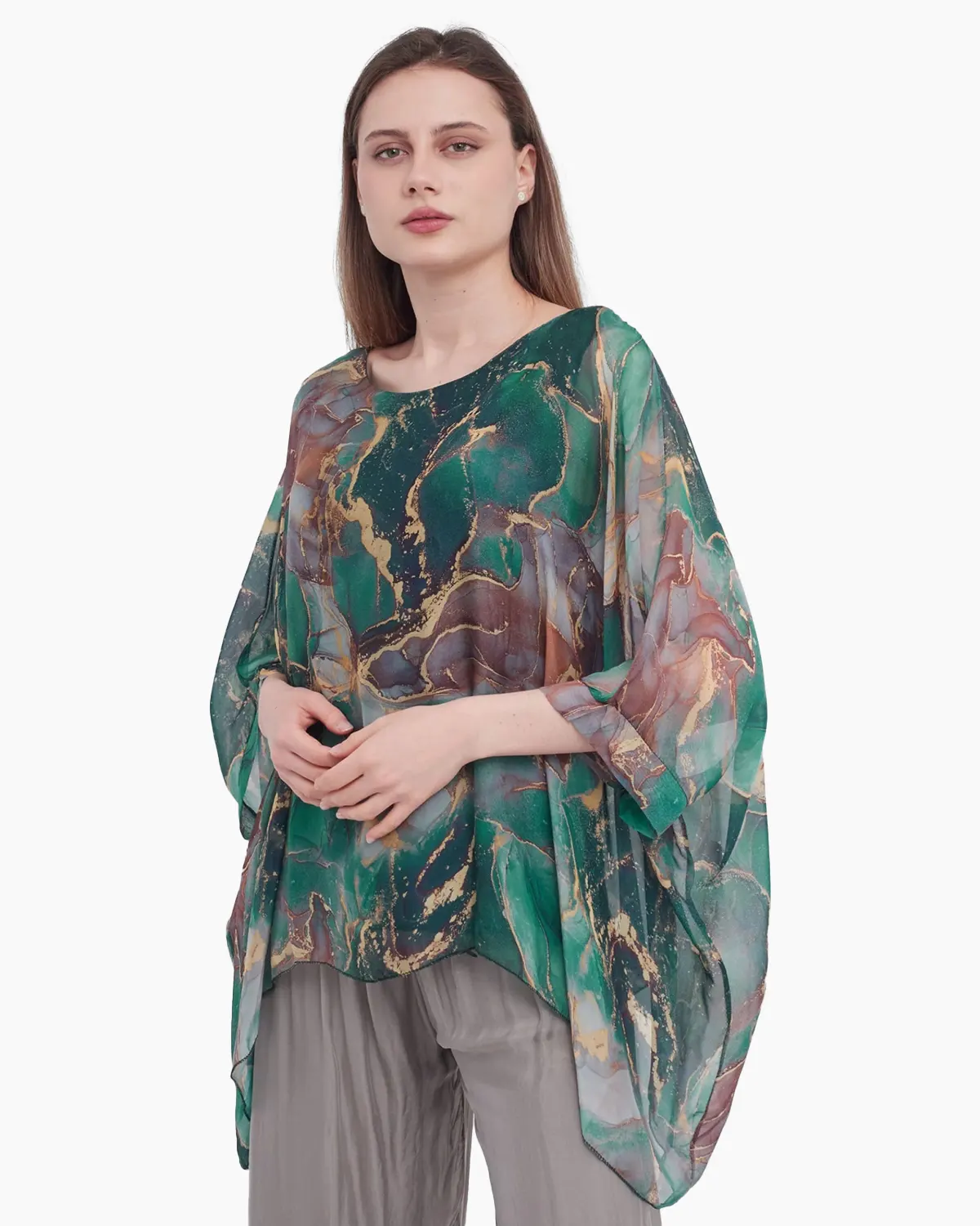 Bluza versatila din matase cu imprimeu discret verde inchis [1]