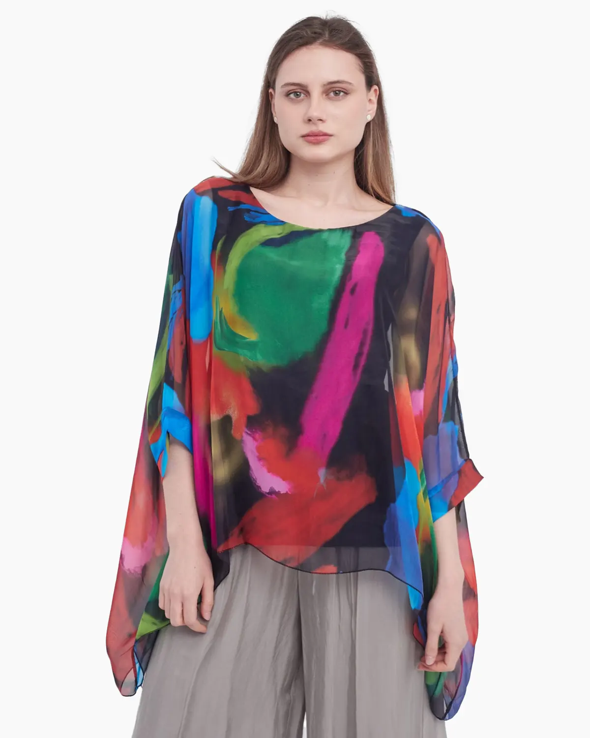 Haine damă - Bluza versatila din matase cu imprimeu discret verde si negru