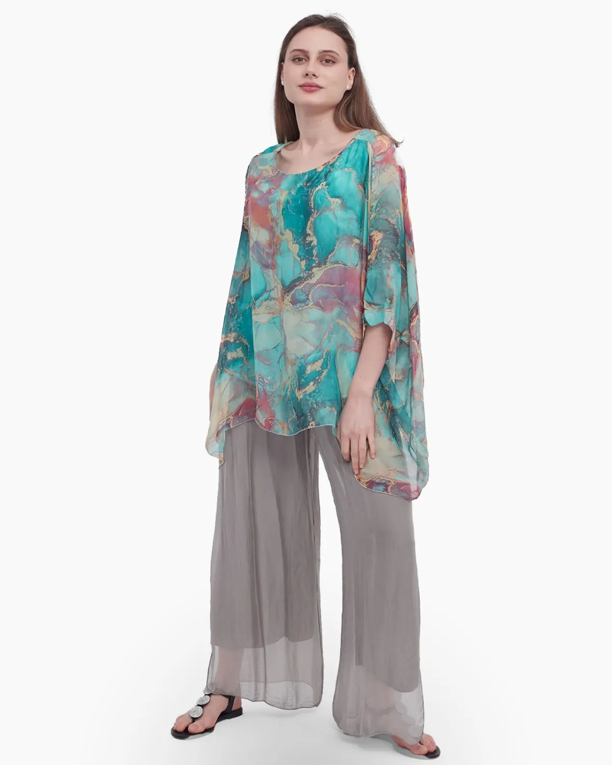 Haine damă - Bluza versatila din matase cu imprimeu discret verde si visiniu