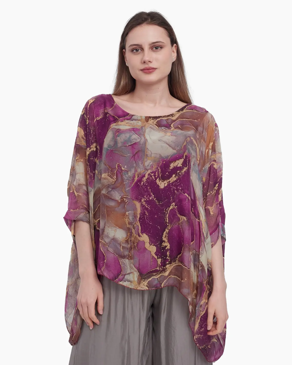 Haine damă - Bluza versatila din matase cu imprimeu discret visiniu