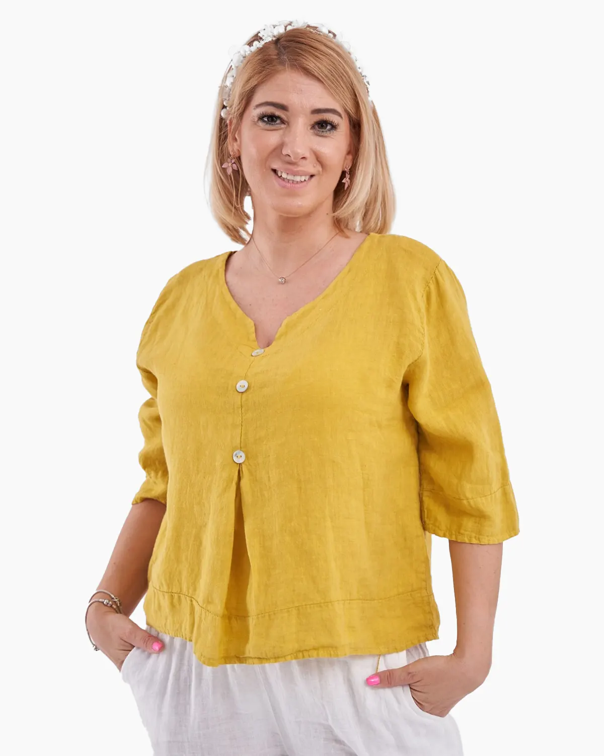 Bluze din In - Bluza versatila galbena din in cu croi drept