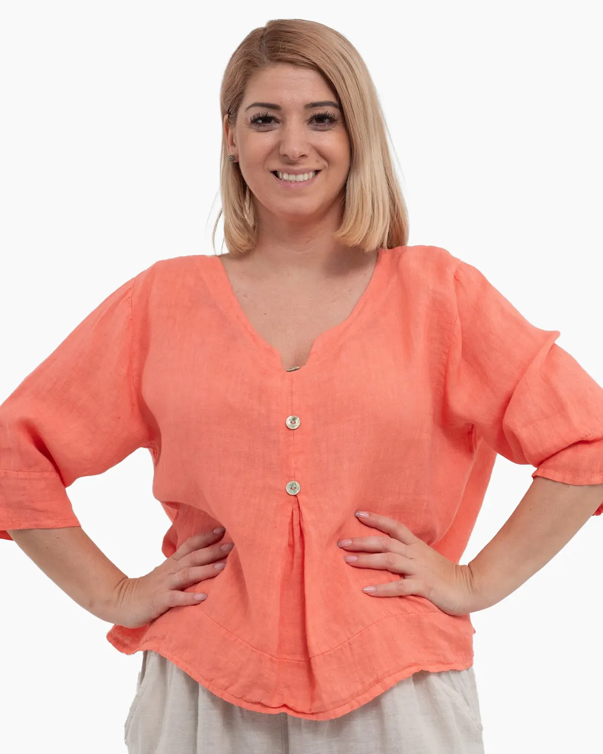 Bluze din In - Bluza versatila roz piersica din in cu croi drept