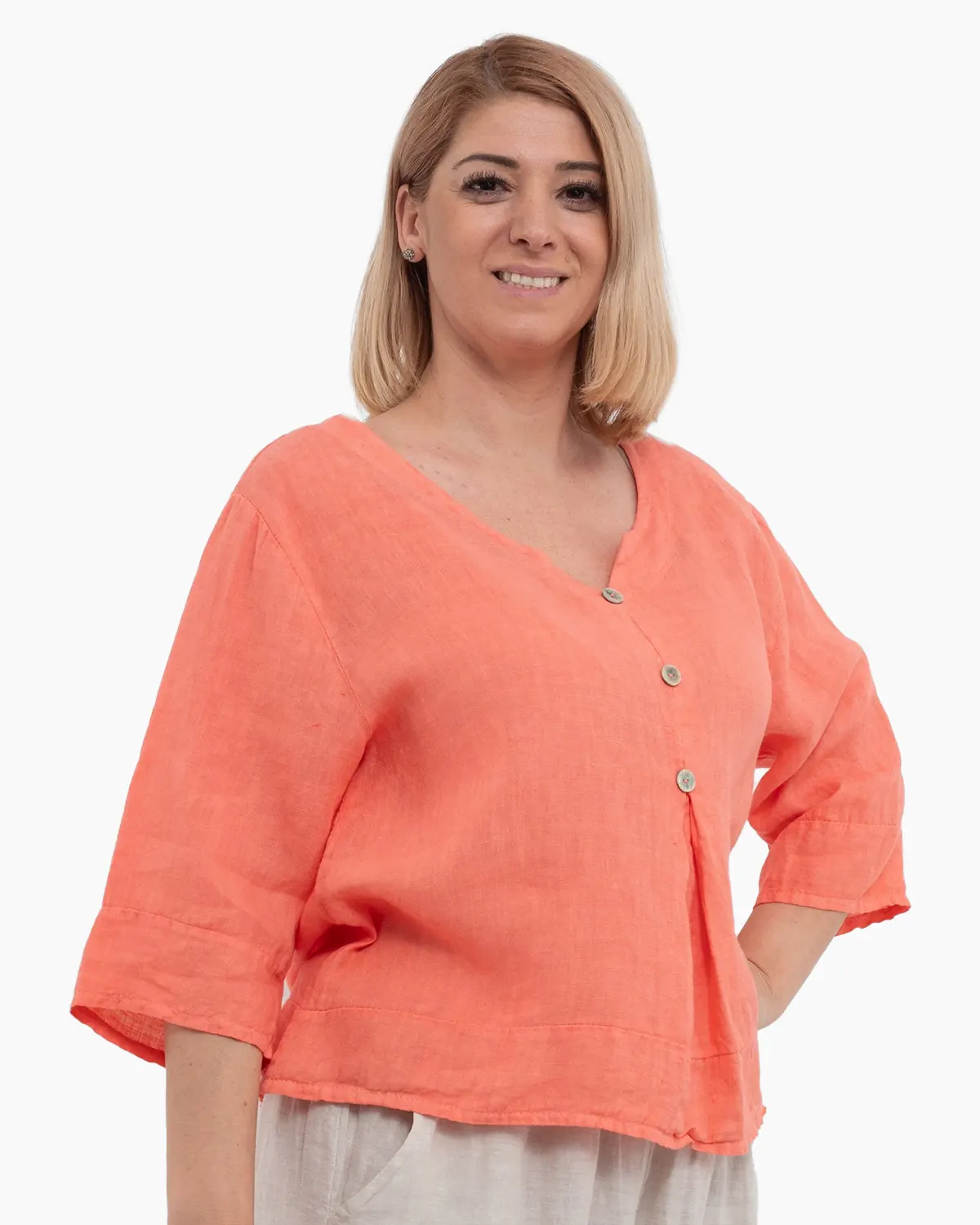 Bluza versatila roz piersica din in cu croi drept [2]