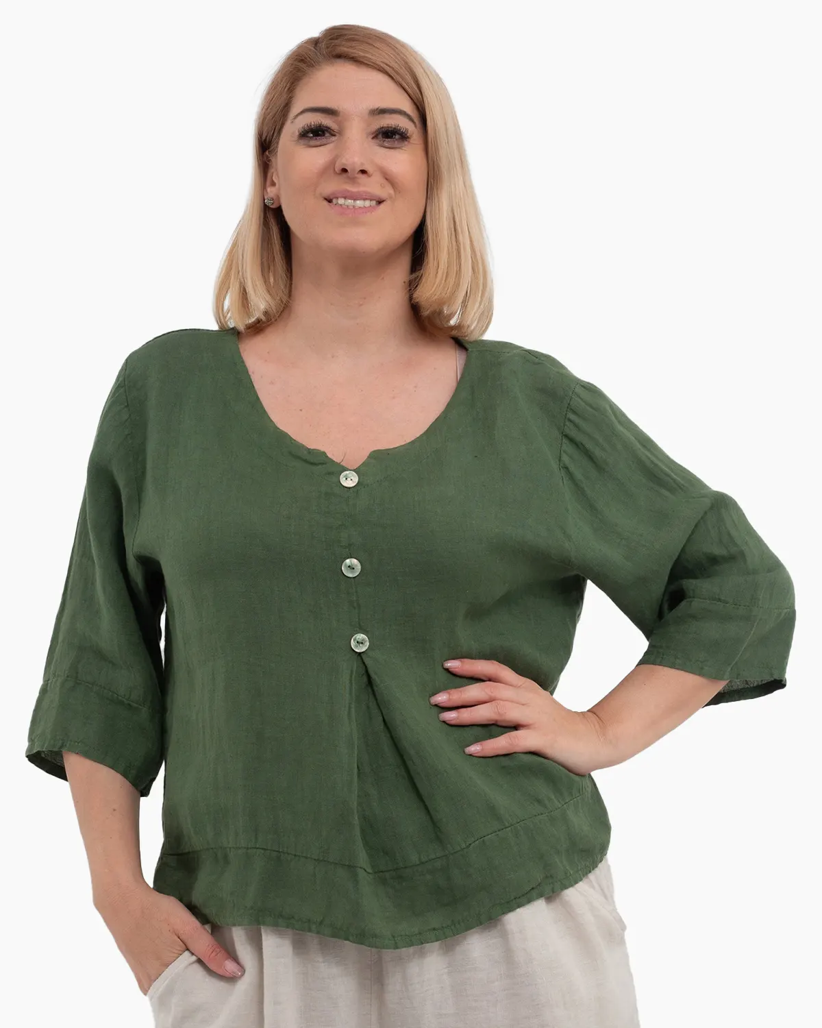 Bluze din In - Bluza versatila verde olive din in cu croi drept