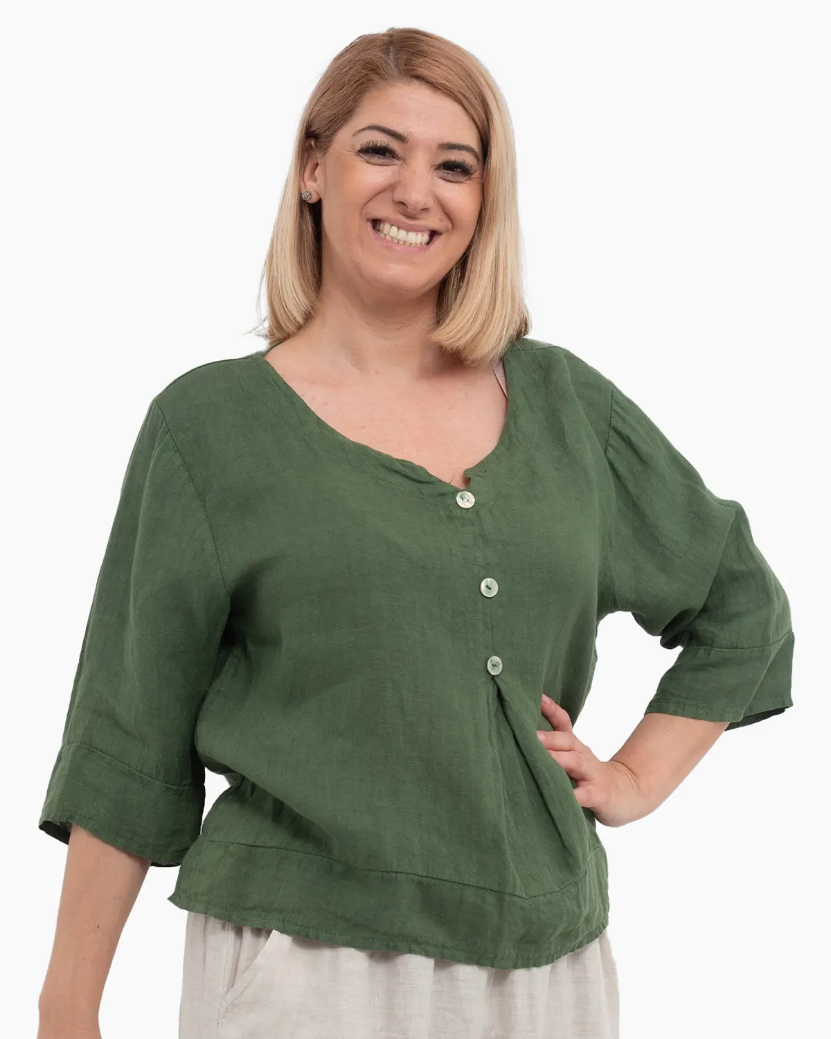 Bluza versatila verde olive din in cu croi drept [3]