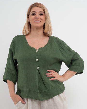 Bluze din In - Bluza versatila verde olive din in cu croi drept