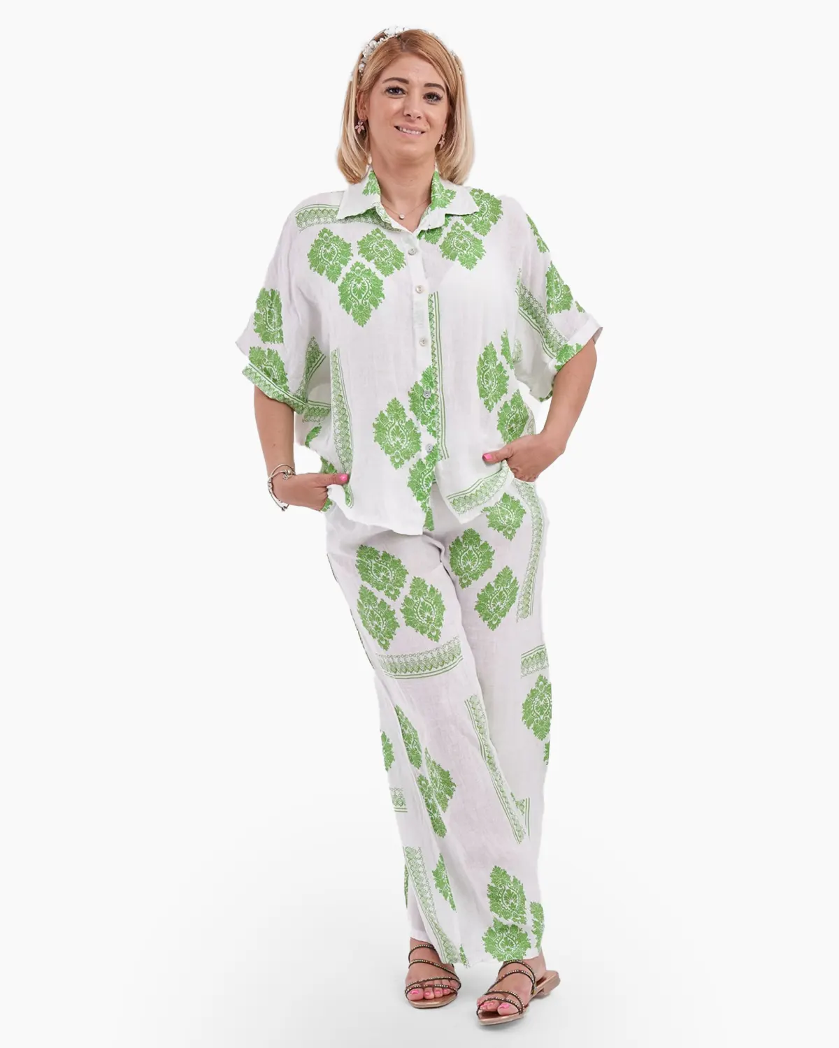 Bluze din In - Camasa alba din in cu imprimeu verde