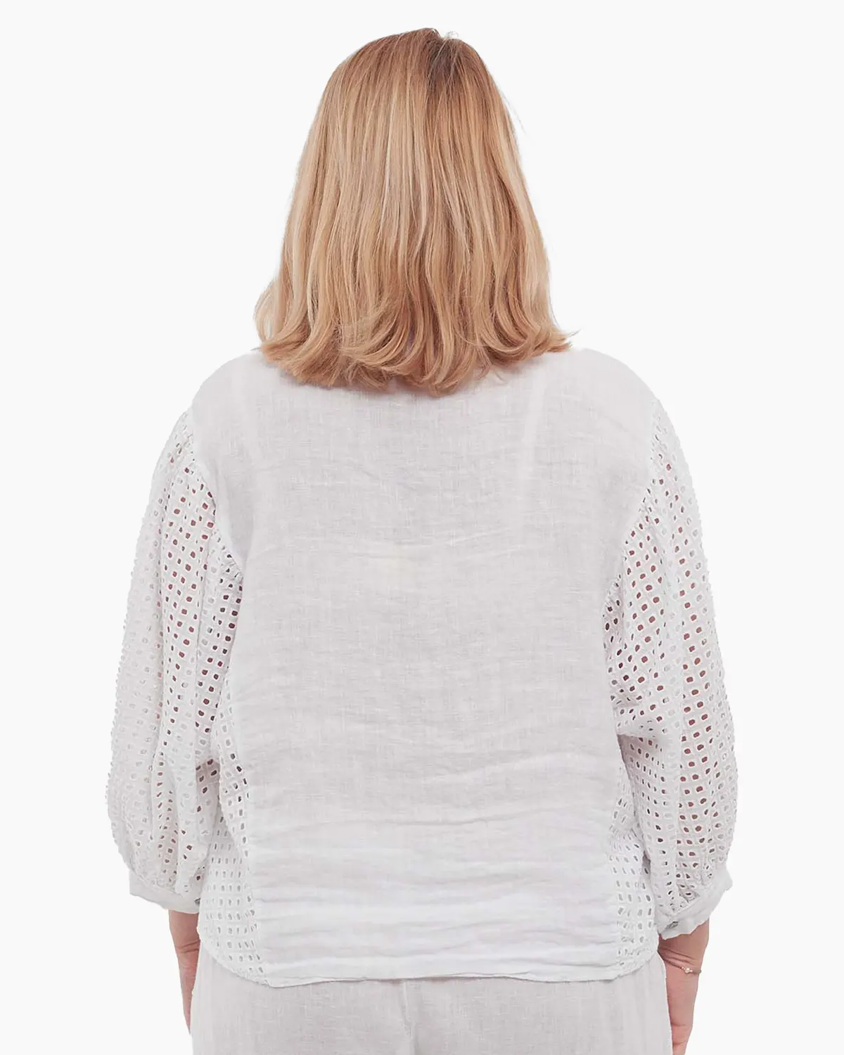 Cămașă albă smart casual din in cu fundă și broderie la mâneci [1]