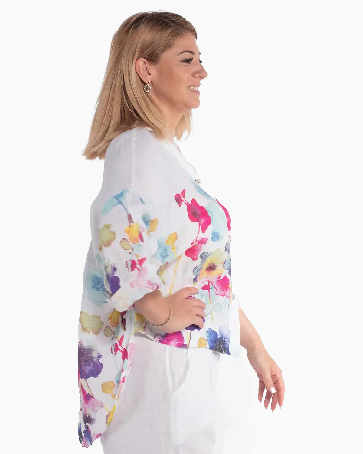 Cămașă boho albă din in cu imprimeu floral [3]
