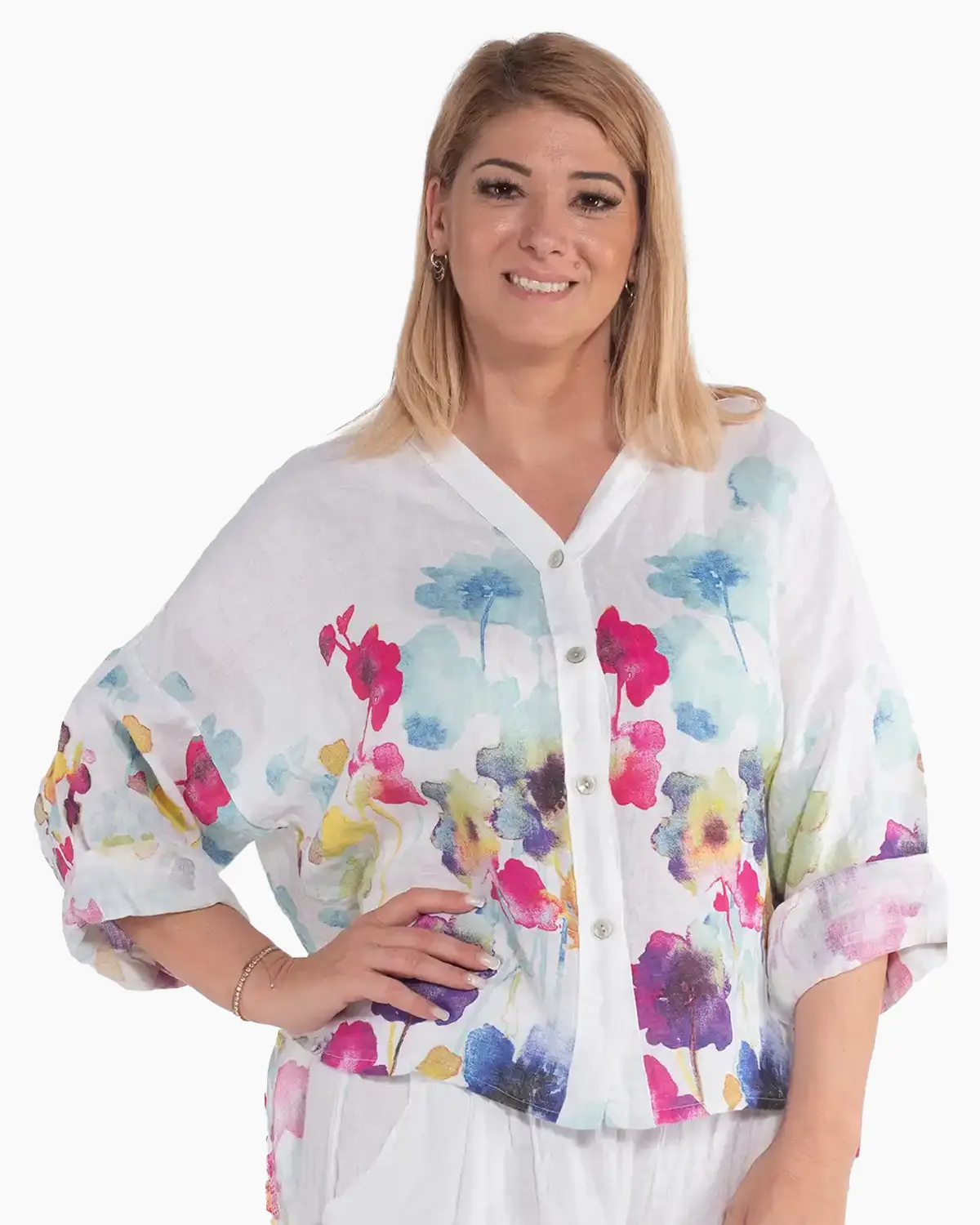 Haine damă - Cămașă boho albă din in cu imprimeu floral