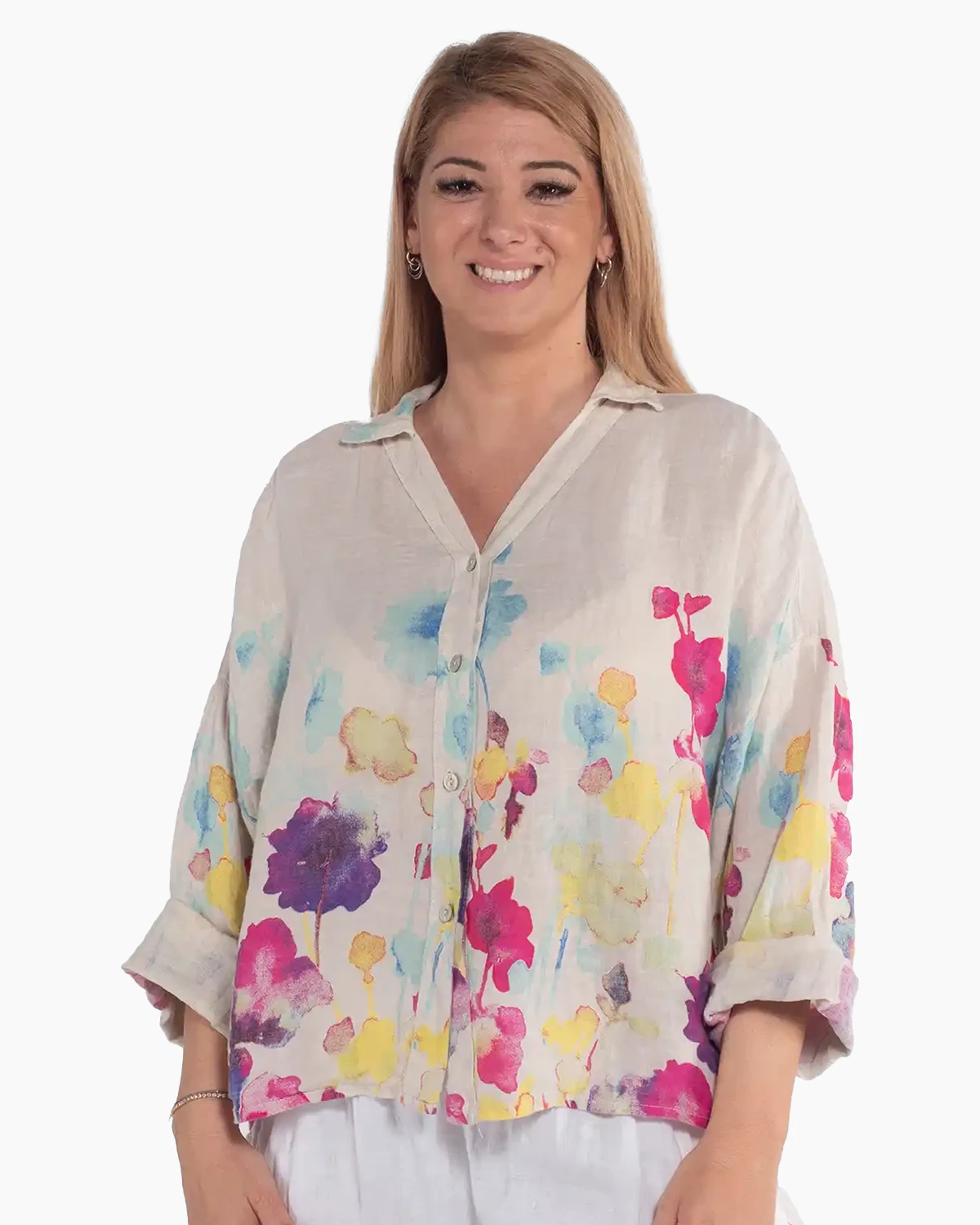 Haine damă - Cămașă boho lejeră bej din in cu imprimeu floral