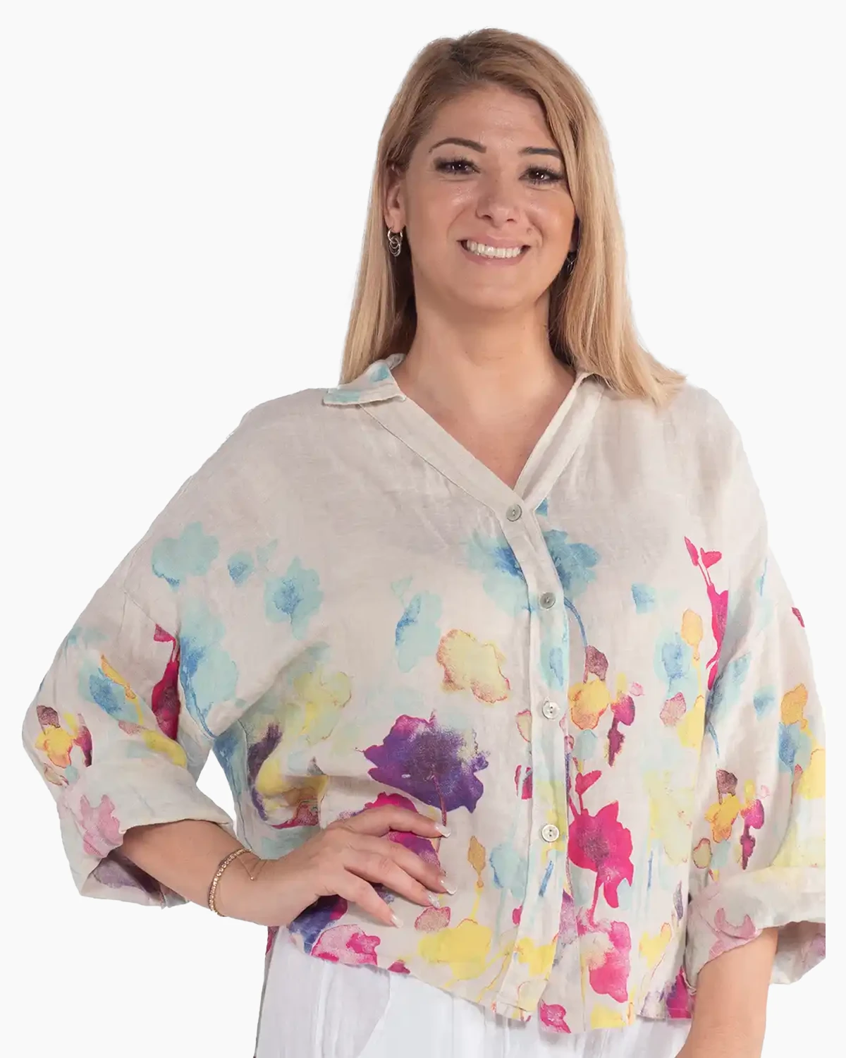 Cămașă boho lejeră bej din in cu imprimeu floral [3]