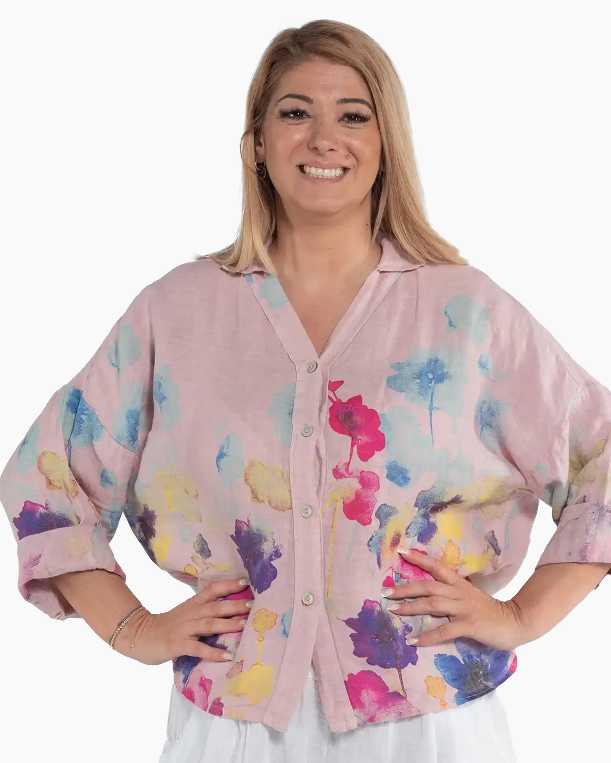 Haine damă - Cămașă boho lejeră roz pudrat din in cu imprimeu floral
