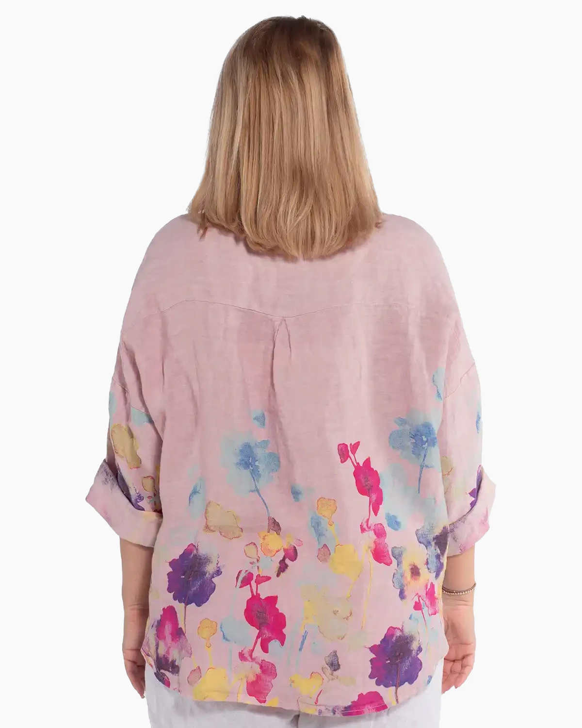 Cămașă boho lejeră roz pudrat din in cu imprimeu floral [1]