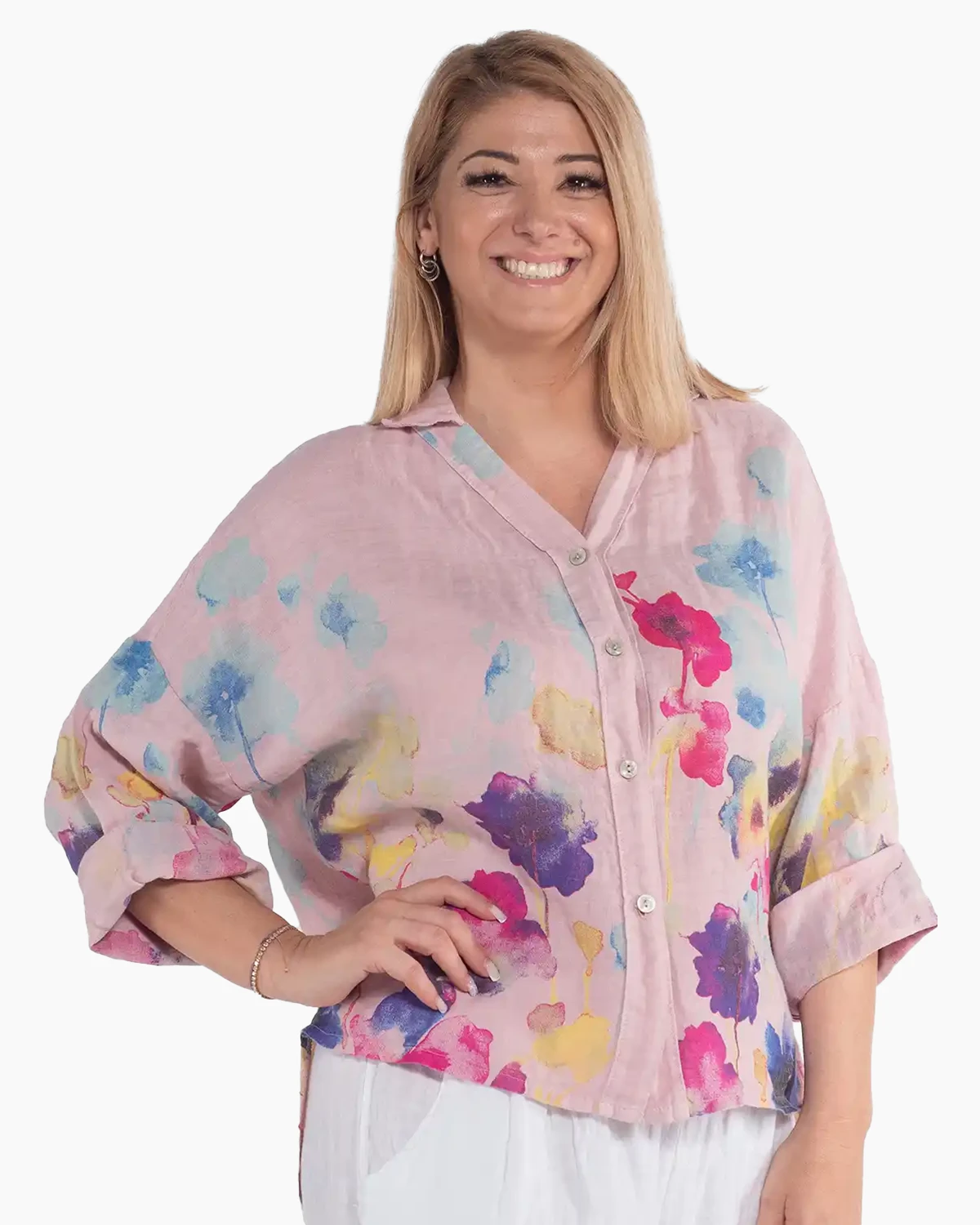 Cămașă boho lejeră roz pudrat din in cu imprimeu floral [3]