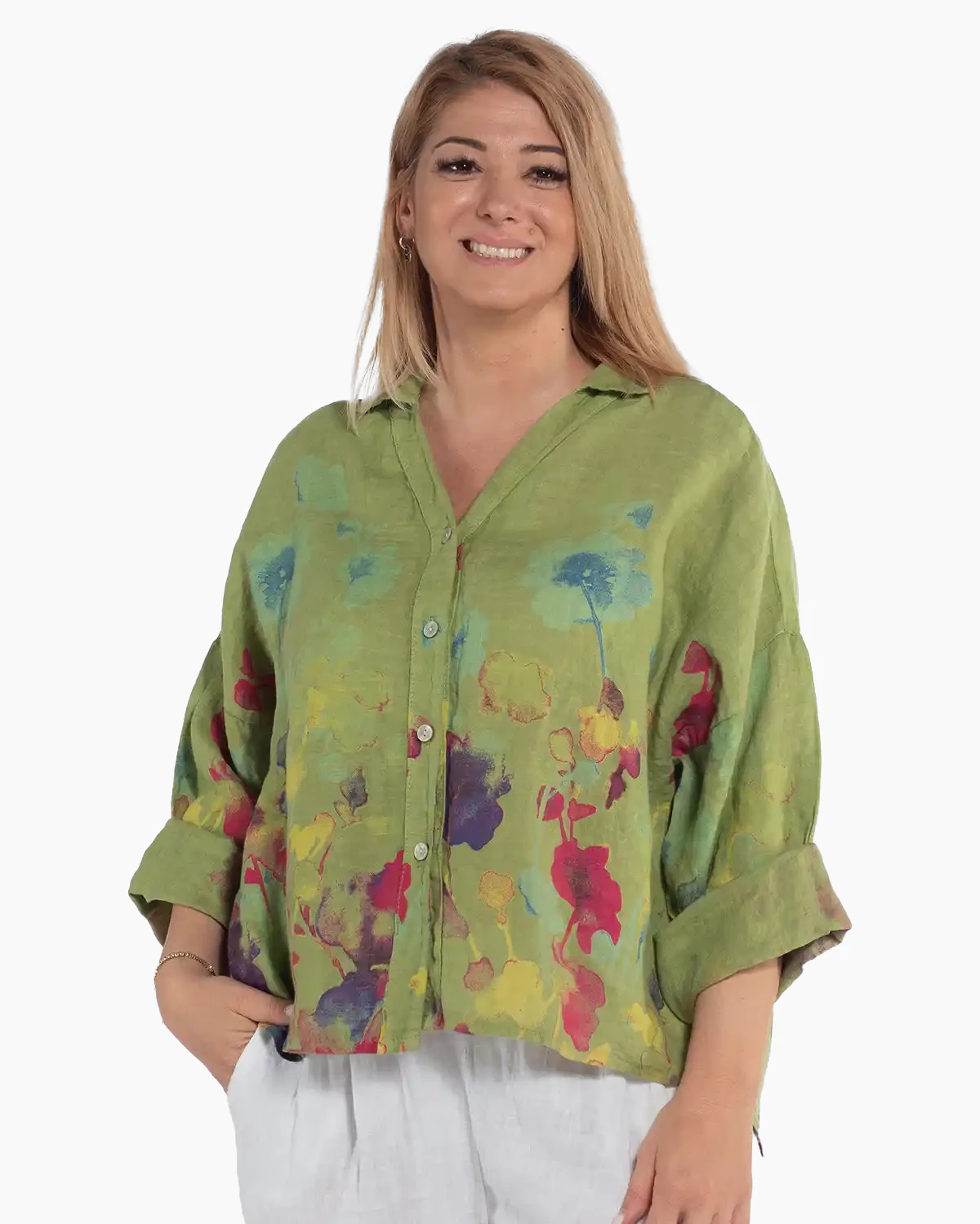 Haine damă - Cămașă boho lime din in cu imprimeu floral