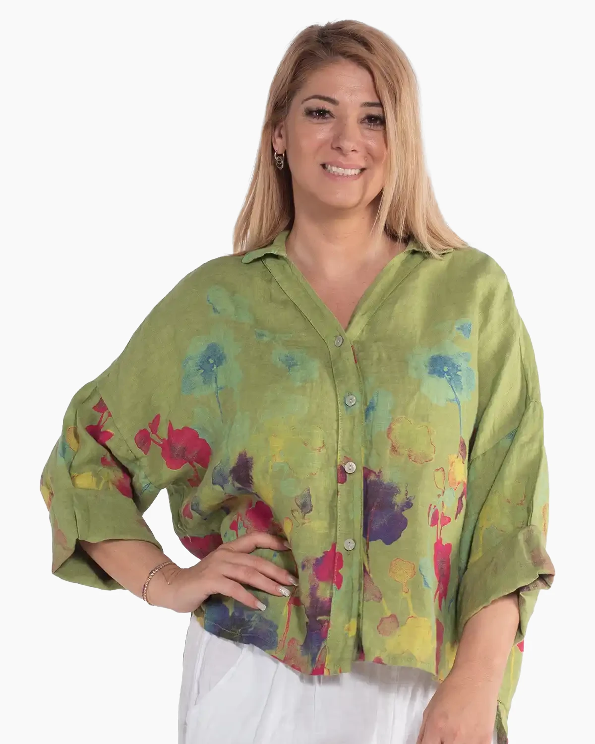 Cămașă boho lime din in cu imprimeu floral [3]