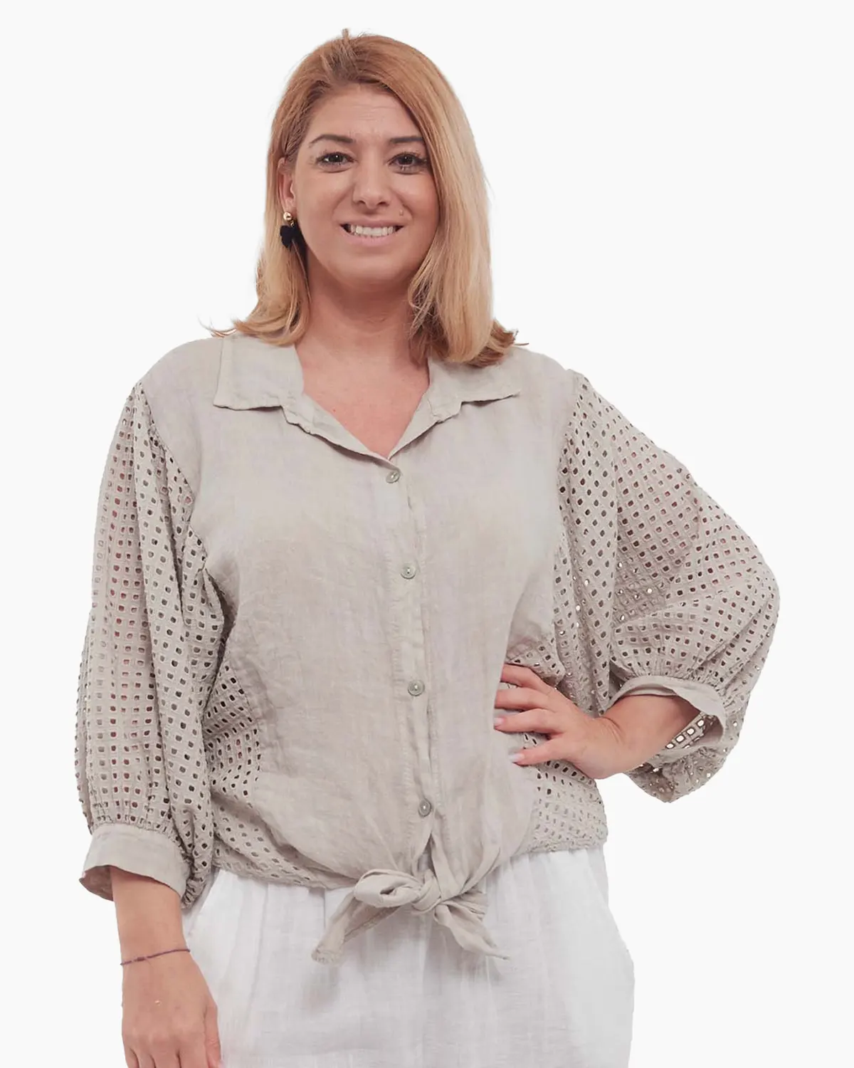Haine damă - Cămașă chic din in bej-fango lejeră stil smart casual