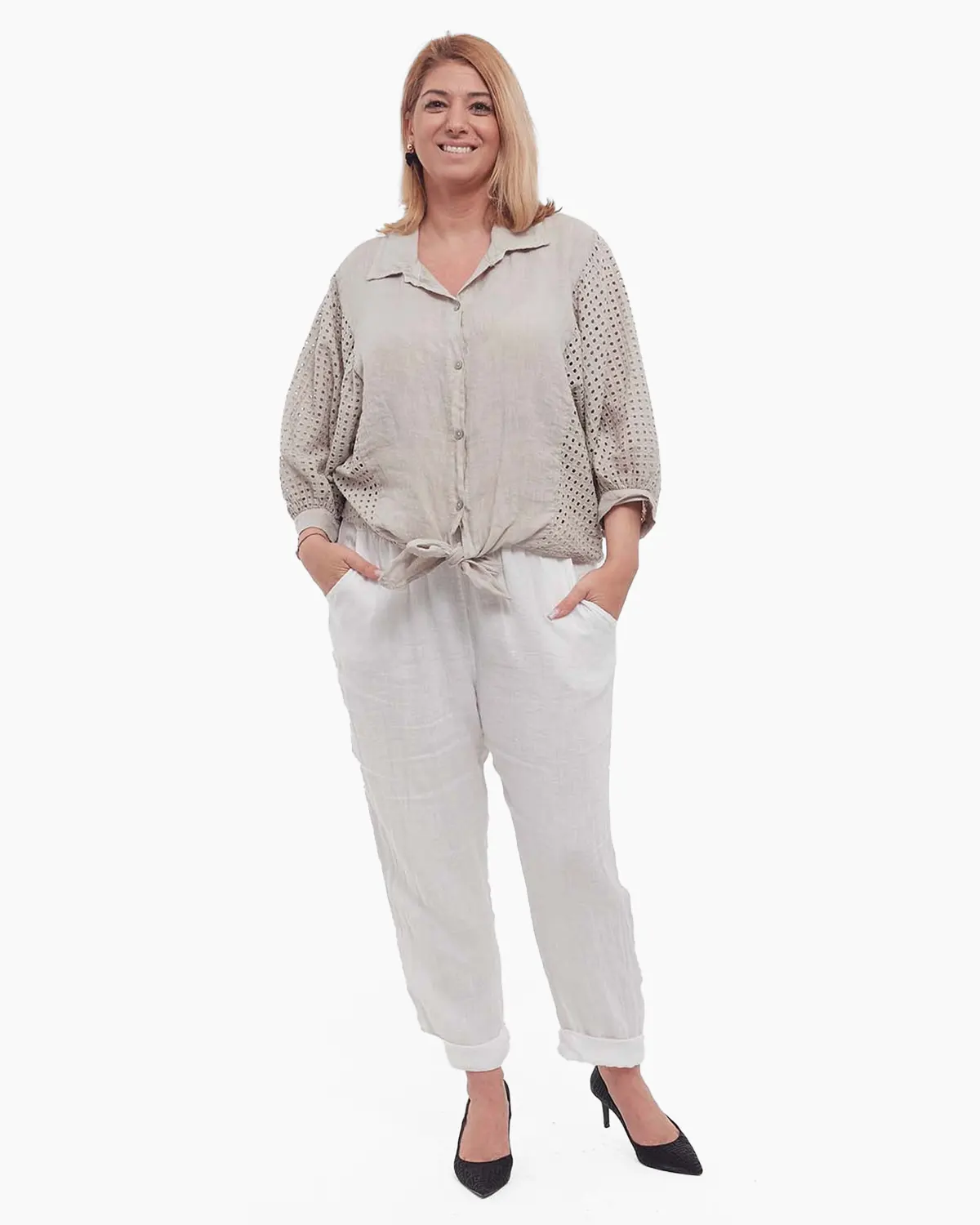 Cămașă chic din in bej-fango lejeră stil smart casual [3]