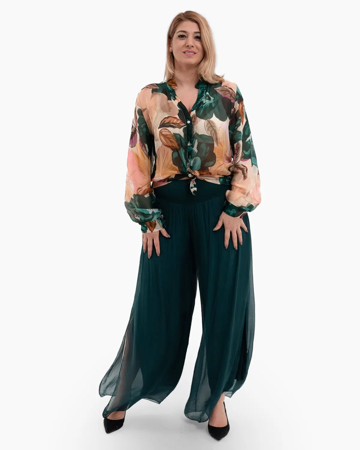 Haine damă - Camasa cu matase, design floral verde cu bej