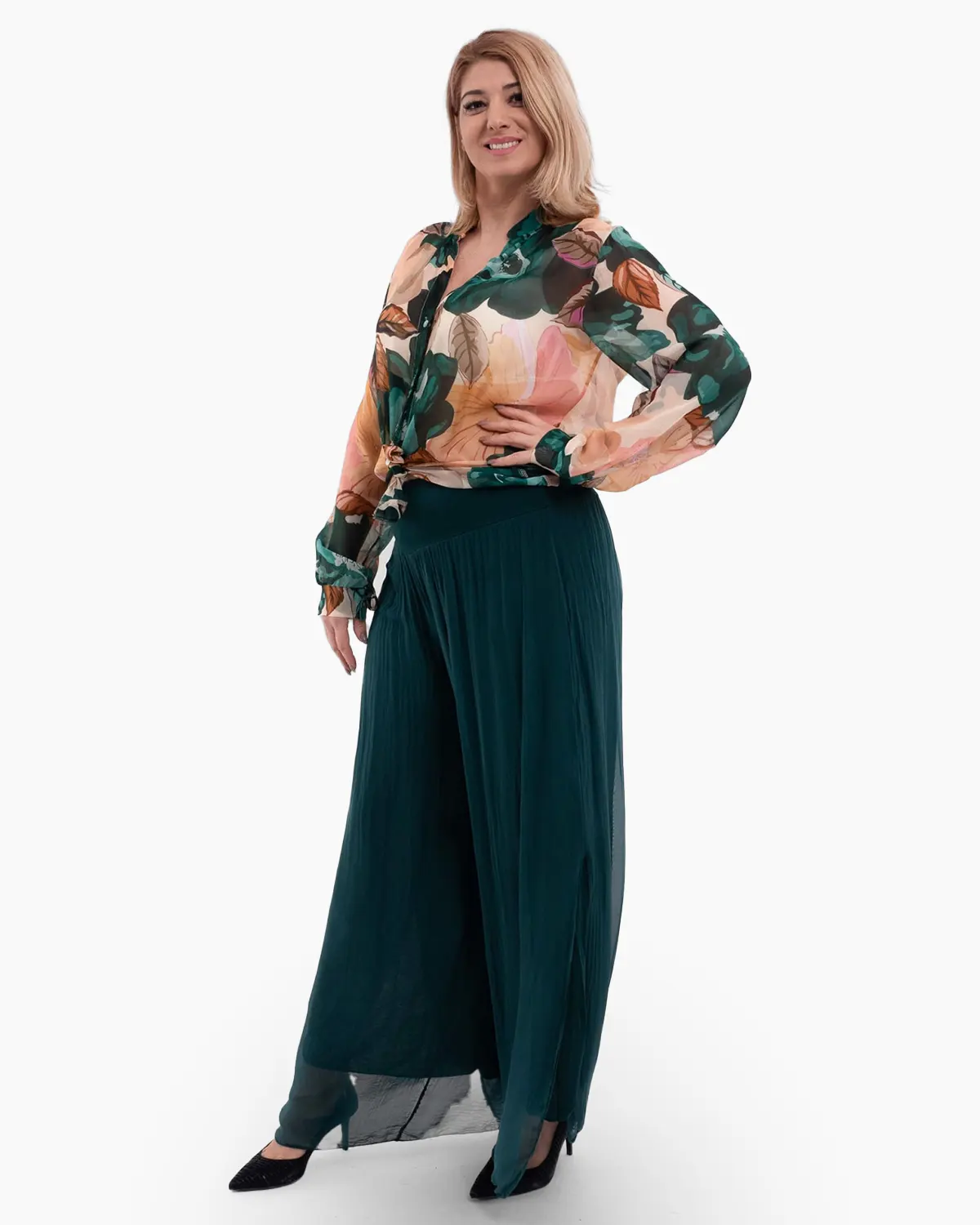 Camasa cu matase, design floral verde cu bej [1]